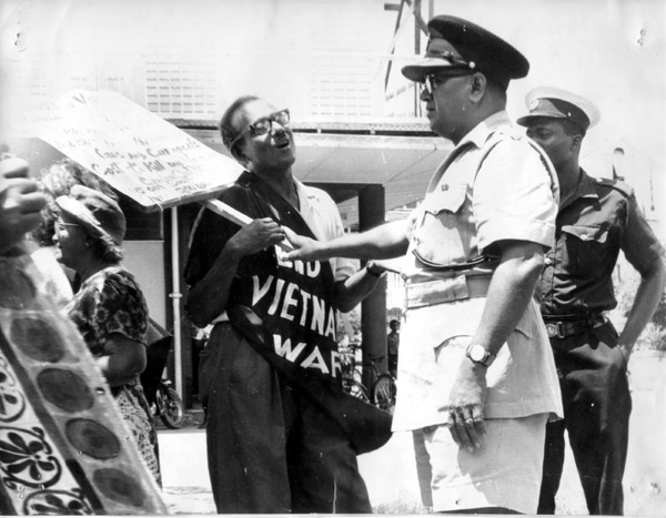 Ram Karran in front of US embassy protesting Vietnam war - 1970s